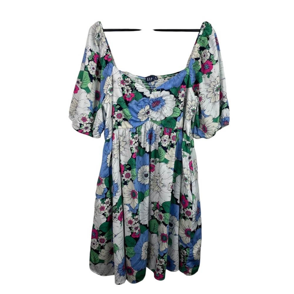 GAP | White Blue Pink Green Floral Smocked Puff Sleeve Dress